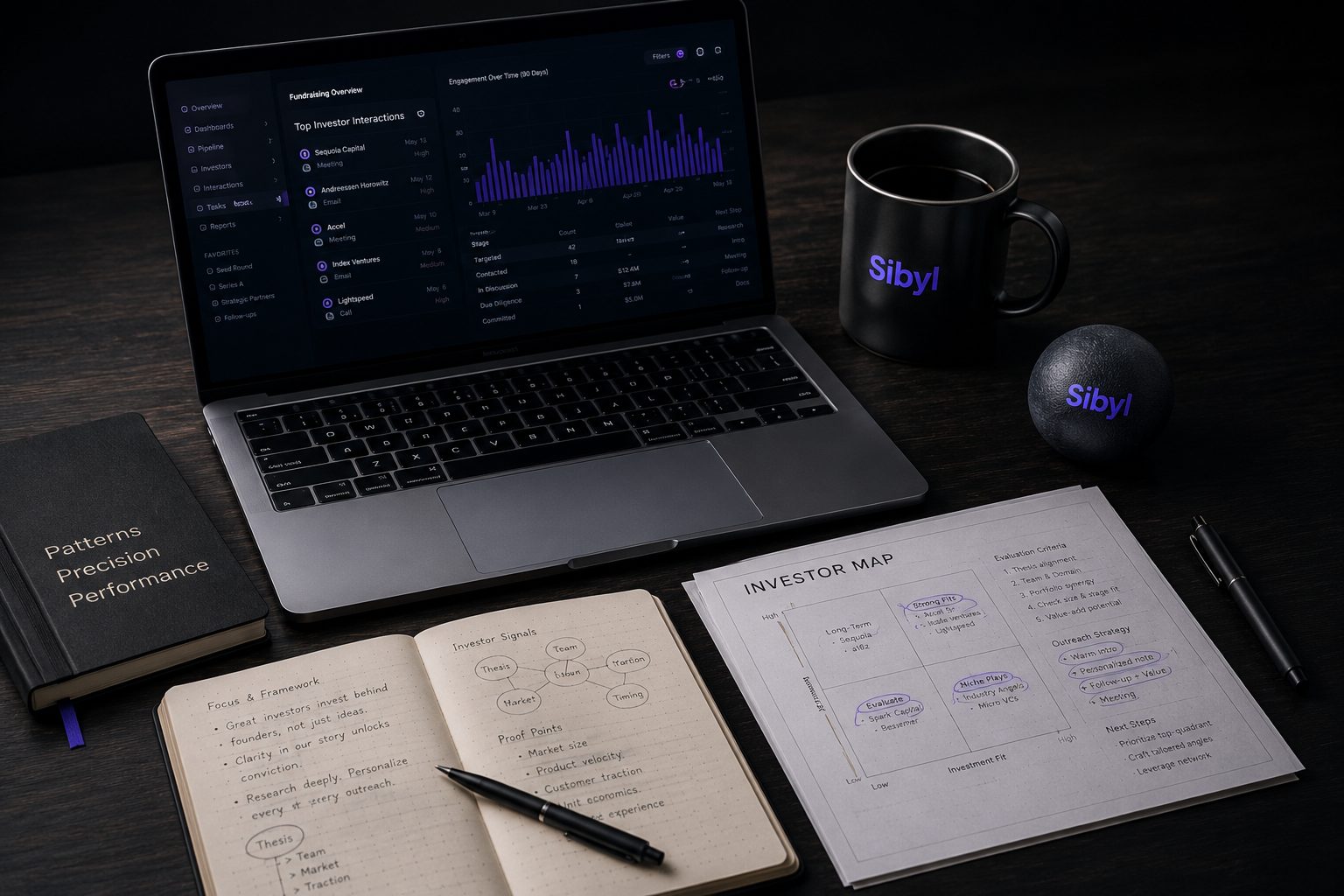 Sibyl fundraising intelligence workspace with laptop, notebook, coffee mug, stress ball, and investor map
